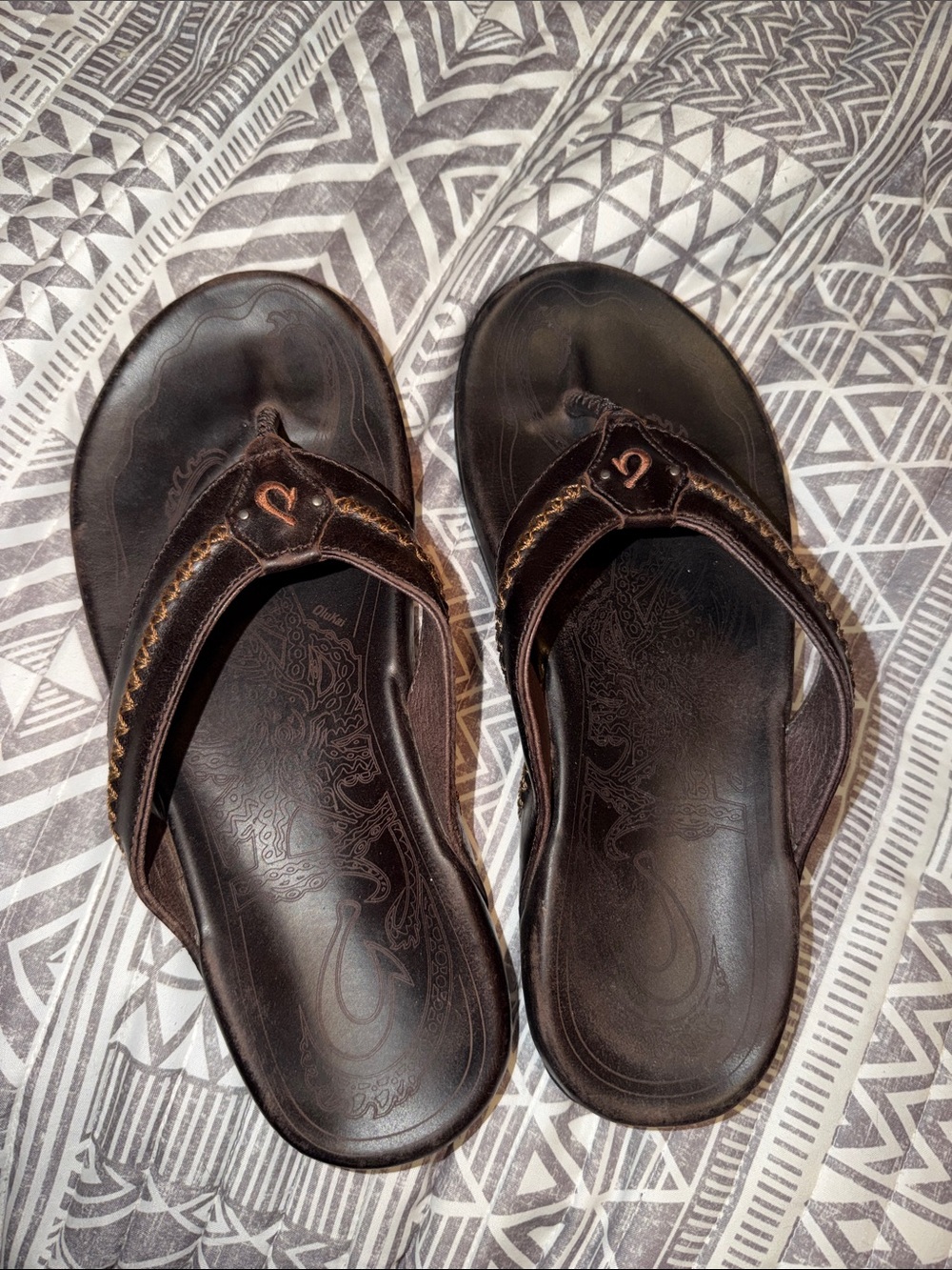 Olukai Brown Leather Flip Flop Sandals with Embossed Footbed